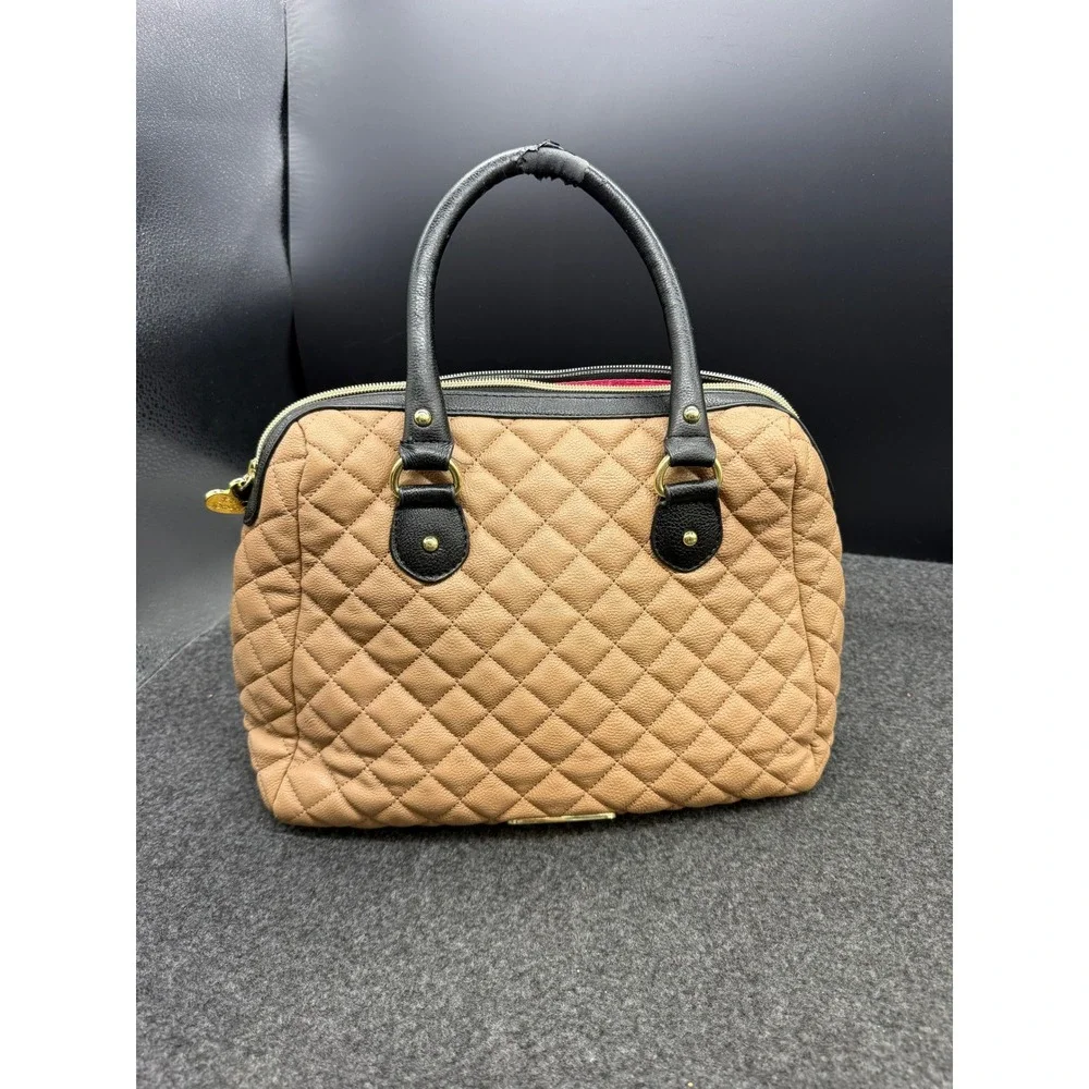 Vintage Betsey Johnson Satchel Quilted Large‎ Bow Tan Black Handbag READ